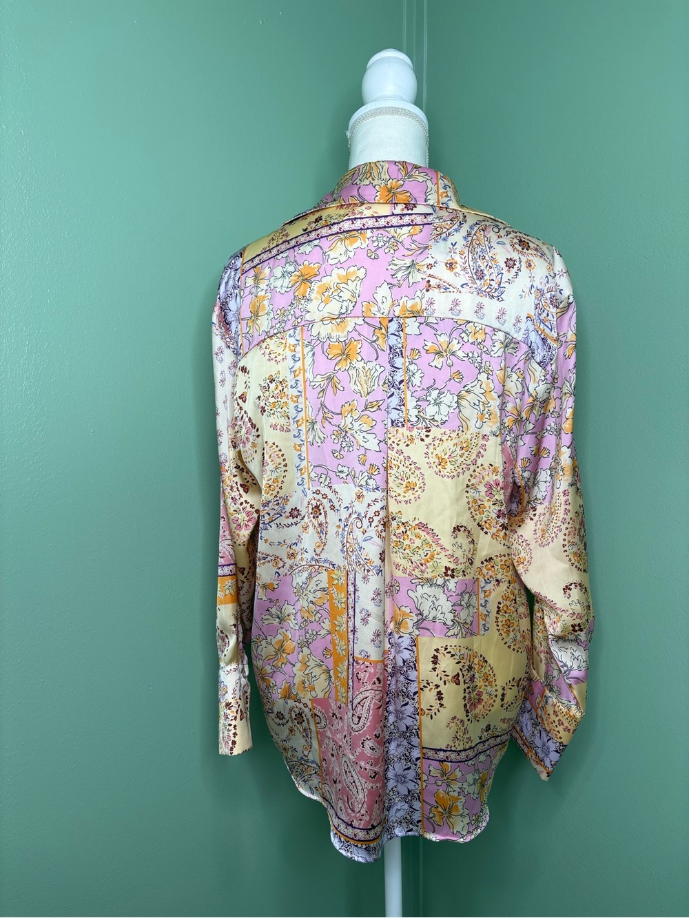 Zara Patchwork Floral Satin Button-Down Shirt - Pink, Cream, Lavender, Gold - Picture 2 of 10